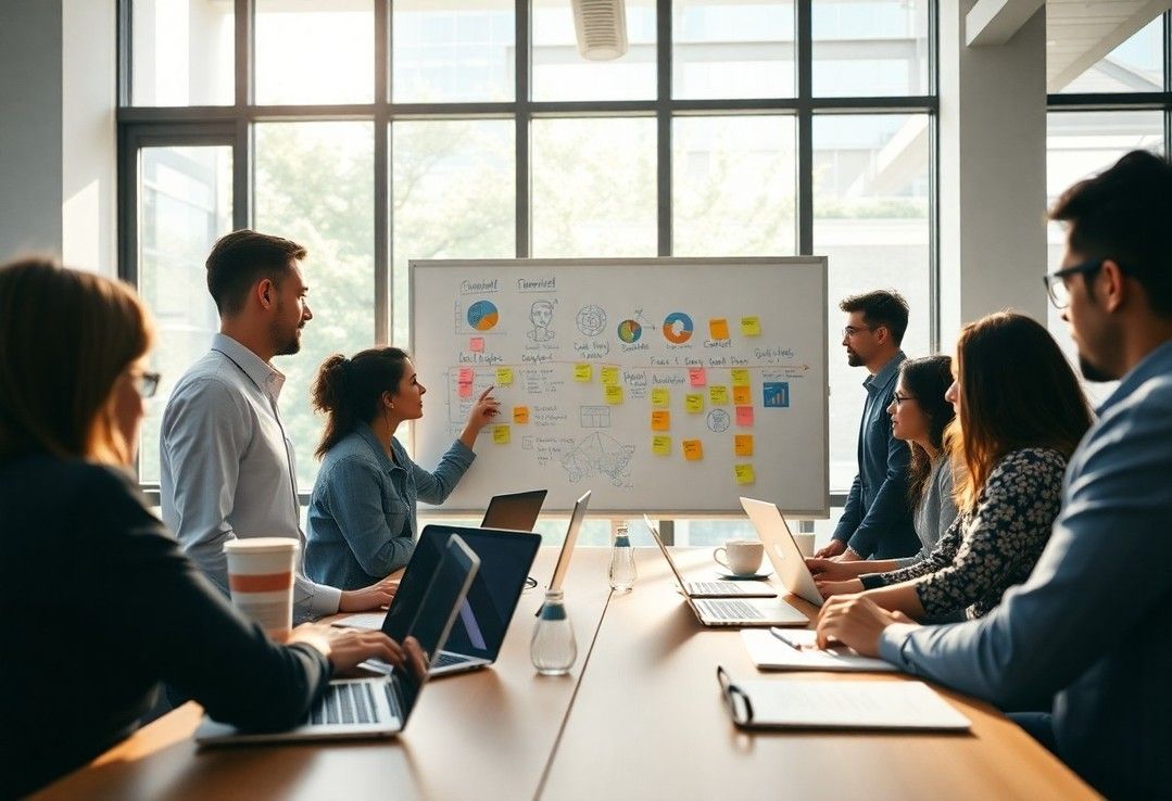 Team collaborating around financial charts in a workshop