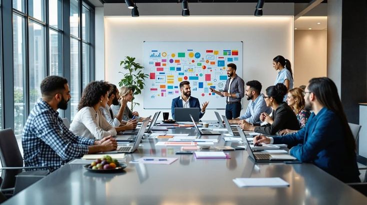 Leadership team in Milan reviewing financial results with consultant